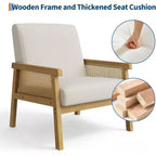 Fauteuil d'appoint dossier haut en rotin avec structure en bois et revêtement en lin – Assise 57 cm l x 51 cm P, Hauteur 81 cm