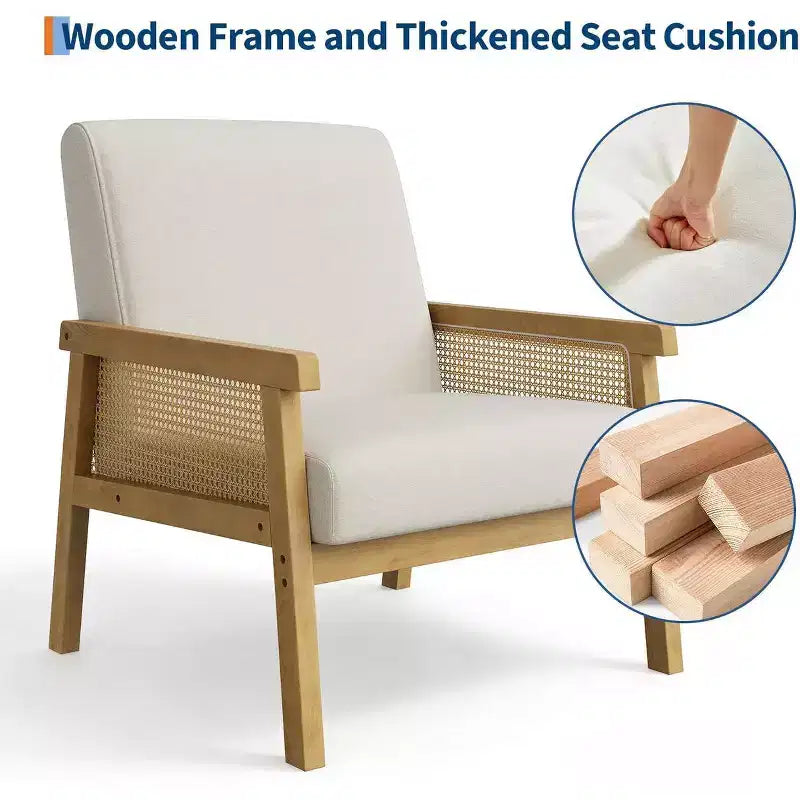 Fauteuil d'appoint dossier haut en rotin avec structure en bois et revêtement en lin – Assise 57 cm l x 51 cm P, Hauteur 81 cm