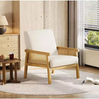 Fauteuil d'appoint dossier haut en rotin avec structure en bois et revêtement en lin – Assise 57 cm l x 51 cm P, Hauteur 81 cm