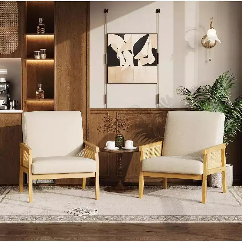 Fauteuil d'appoint dossier haut en rotin avec structure en bois et revêtement en lin – Assise 57 cm l x 51 cm P, Hauteur 81 cm