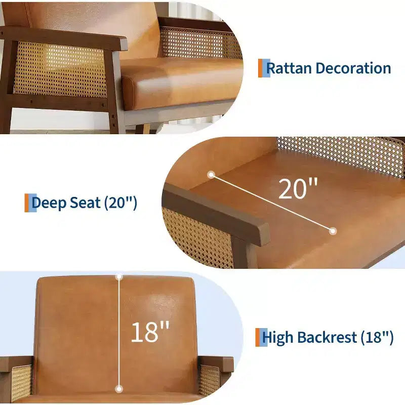 Fauteuil d'appoint dossier haut en rotin avec structure en bois et revêtement en lin – Assise 57 cm l x 51 cm P, Hauteur 81 cm