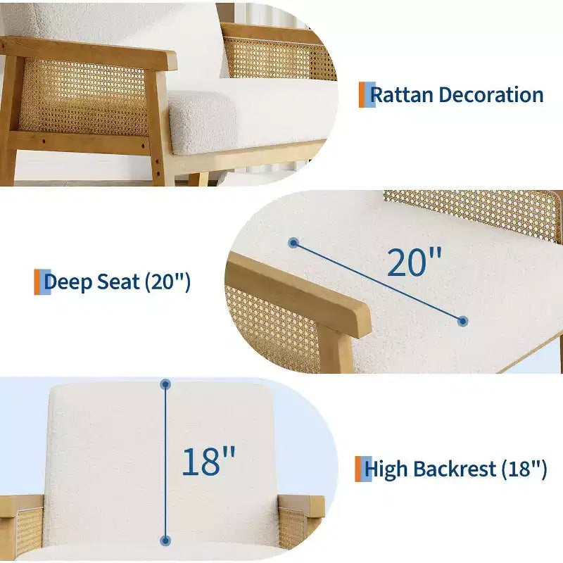 Fauteuil d'appoint dossier haut en rotin avec structure en bois et revêtement en lin – Assise 57 cm l x 51 cm P, Hauteur 81 cm