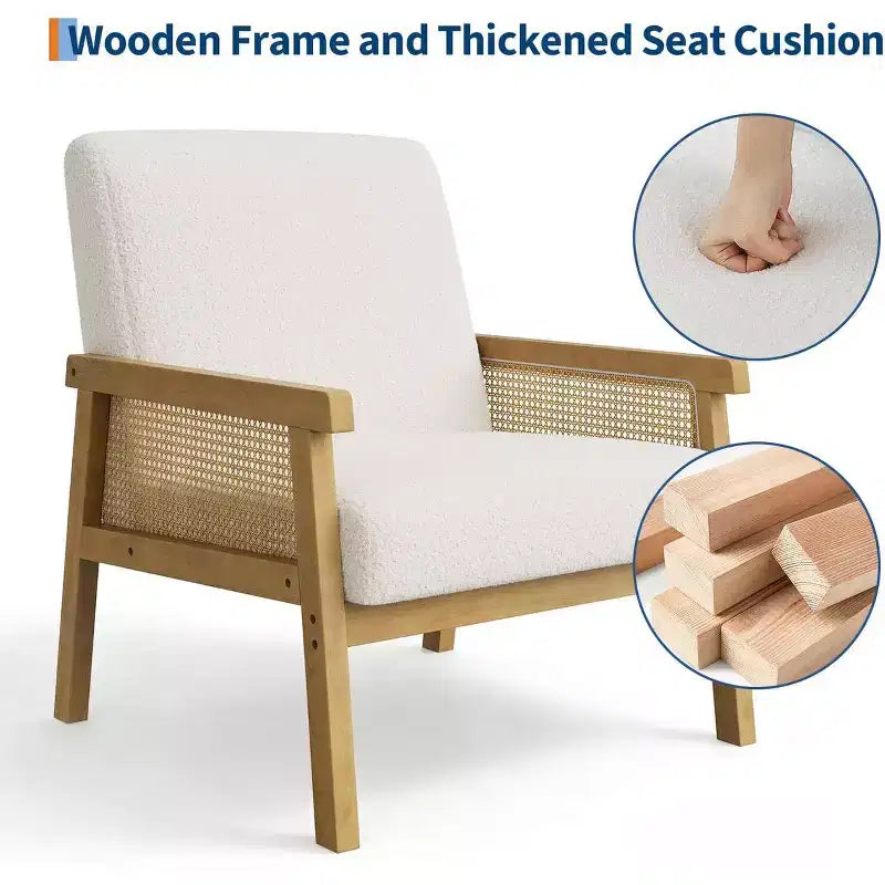 Fauteuil d'appoint dossier haut en rotin avec structure en bois et revêtement en lin – Assise 57 cm l x 51 cm P, Hauteur 81 cm