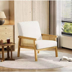 Fauteuil d'appoint dossier haut en rotin avec structure en bois et revêtement en lin – Assise 57 cm l x 51 cm P, Hauteur 81 cm