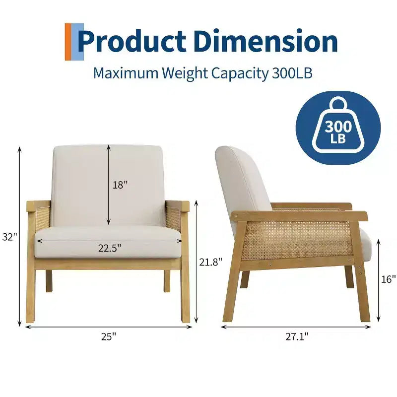 Fauteuil d'appoint dossier haut en rotin avec structure en bois et revêtement en lin – Assise 57 cm l x 51 cm P, Hauteur 81 cm