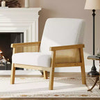 Coolmee Upholstered Rattan Accent Chair, High Back Armchair with Wooden Frame, Reading Leisure Chair for Home & Waiting Room