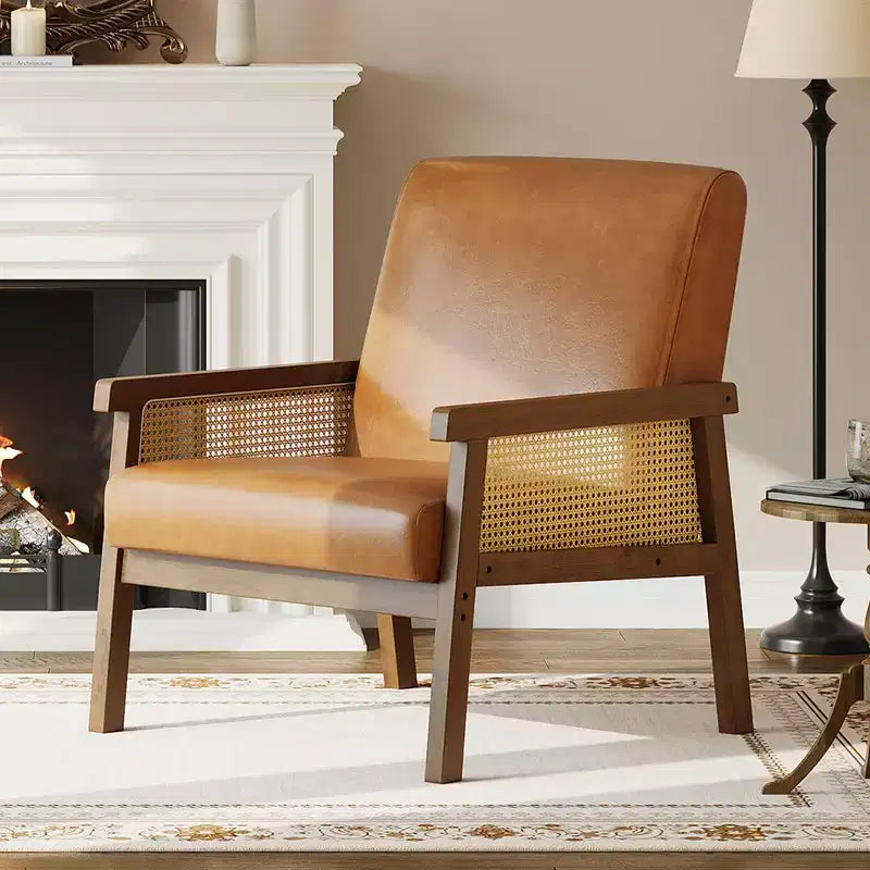 Fauteuil d'appoint dossier haut en rotin avec structure en bois et revêtement en lin – Assise 57 cm l x 51 cm P, Hauteur 81 cm