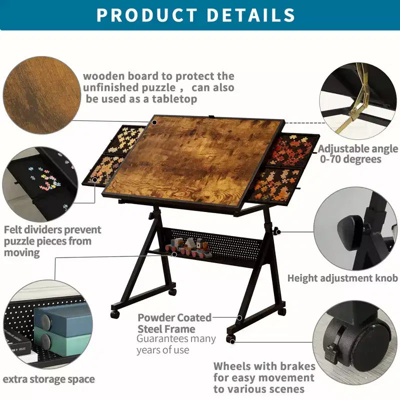 Table de puzzle ajustable avec 4 tiroirs de tri – 89,94 cm (L) x 66 cm (P), Hauteur 73,9-96 cm