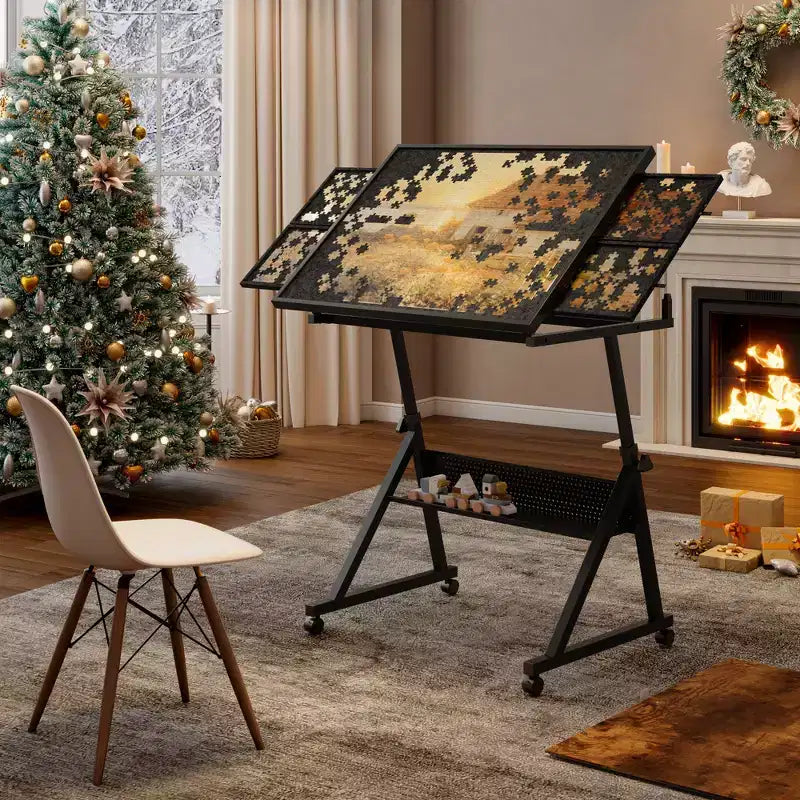 GDFStudio Anchalee Modern Metal and Wooden Jigsaw Puzzle Table Board with 4 Trays