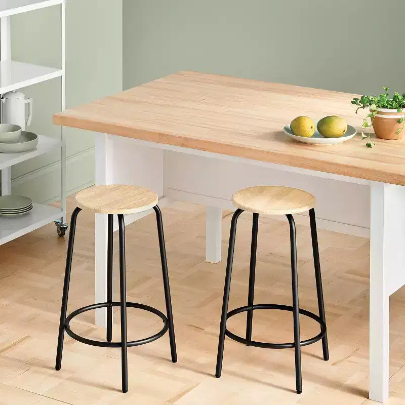 Lot de 2 tabourets de bar sans dossier hauteur comptoir avec assise en bois et structure en métal – 62,2 cm H x 43,2 cm l x 43,2 cm P