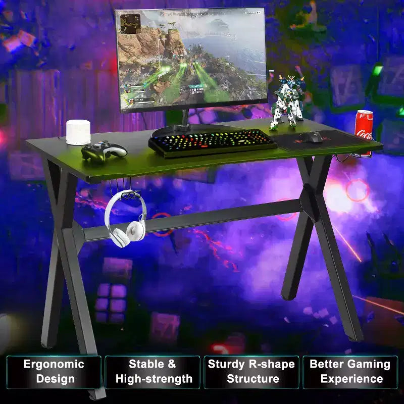Bureau de gamer avec porte-gobelet, support pour casque et supports de manette – 123,2 cm L x 59,7 cm l x 76,2 cm H