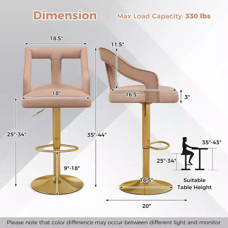 Lot de 2 tabourets de bar pivotants à hauteur réglable avec revêtement en velours et repose-pieds – Hauteur d'assise 63,5-86,4 cm, Rose