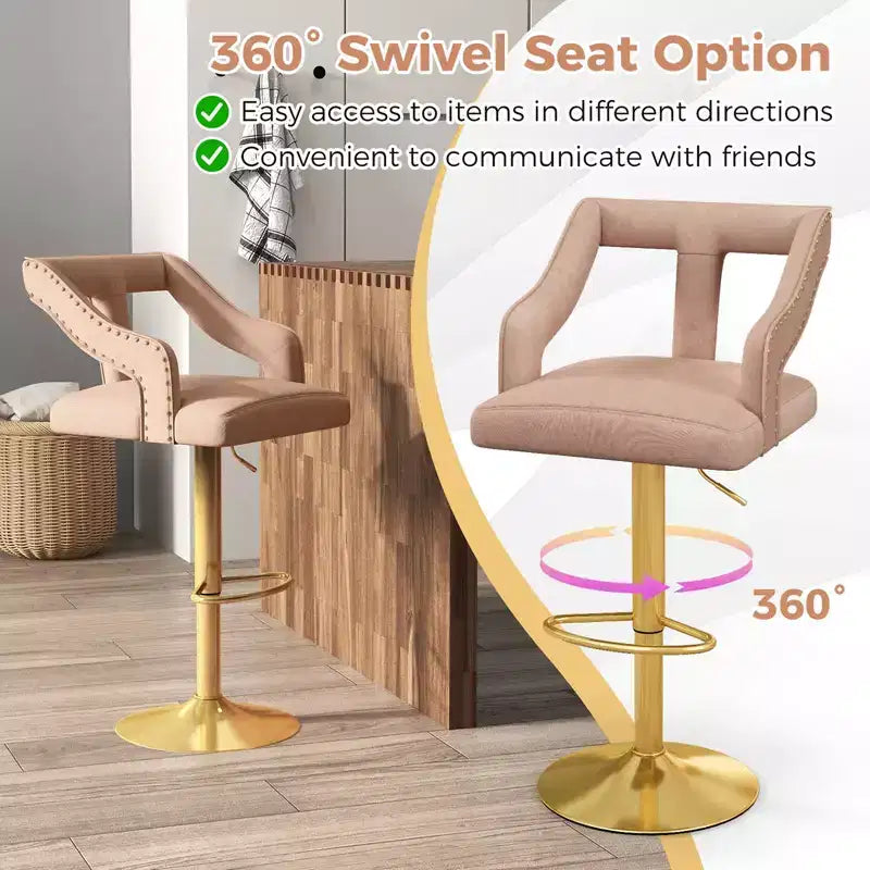 Lot de 2 tabourets de bar pivotants à hauteur réglable avec revêtement en velours et repose-pieds – Hauteur d'assise 63,5-86,4 cm, Rose
