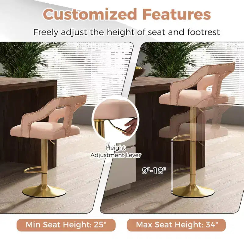 Lot de 2 tabourets de bar pivotants à hauteur réglable avec revêtement en velours et repose-pieds – Hauteur d'assise 63,5-86,4 cm, Rose