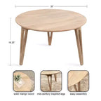Table basse ronde en manguier massif avec pieds épingles – 76 cm (diam.) x 46,35 cm (H)
