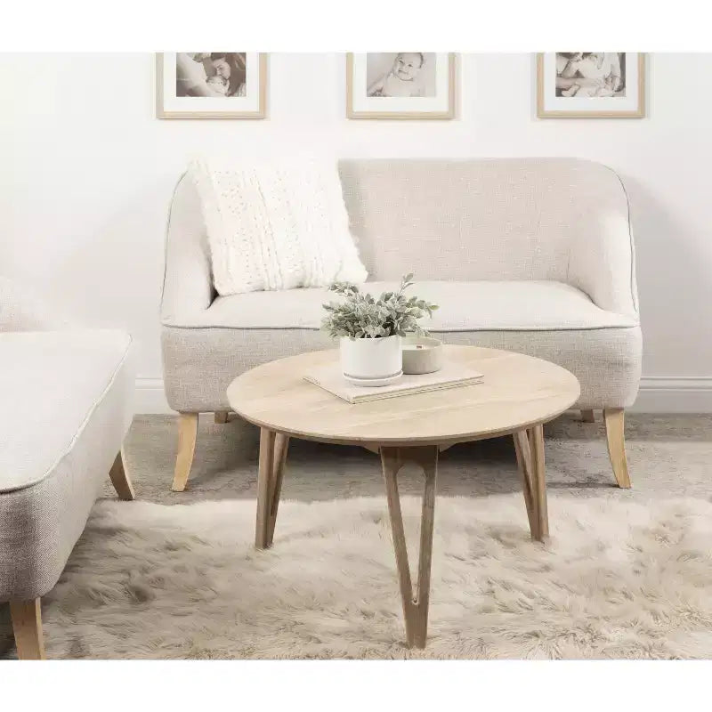 Table basse ronde en manguier massif avec pieds épingles – 76 cm (diam.) x 46,35 cm (H)