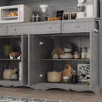 Vaisselier de cuisine gris avec portes vitrées et garniture de base ornée – 192,8 cm H x 155,4 cm L x 46 cm P