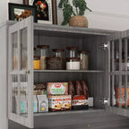Vaisselier de cuisine gris avec portes vitrées et garniture de base ornée – 192,8 cm H x 155,4 cm L x 46 cm P